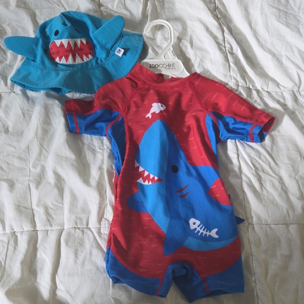 Shark Print Red and Blue Baby Swimsuit with Hat